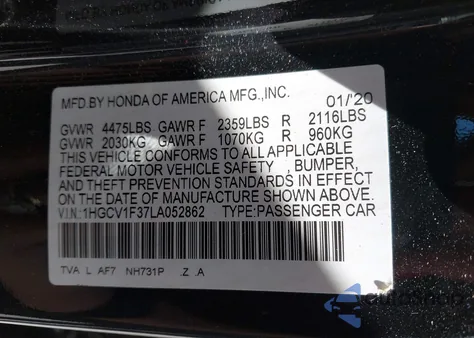 2020 Honda Accord Sport from USA, damaged, VIN 1HGCV1F37LA052862